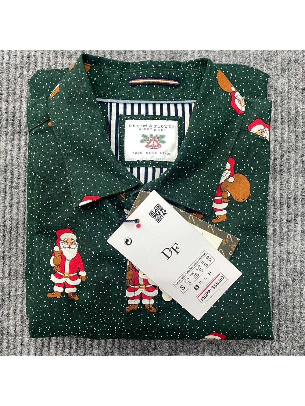 Denim & Flower Shirt Mens S Green Button Up Santa Claus Christmas All Over Print - Picture 11 of 12